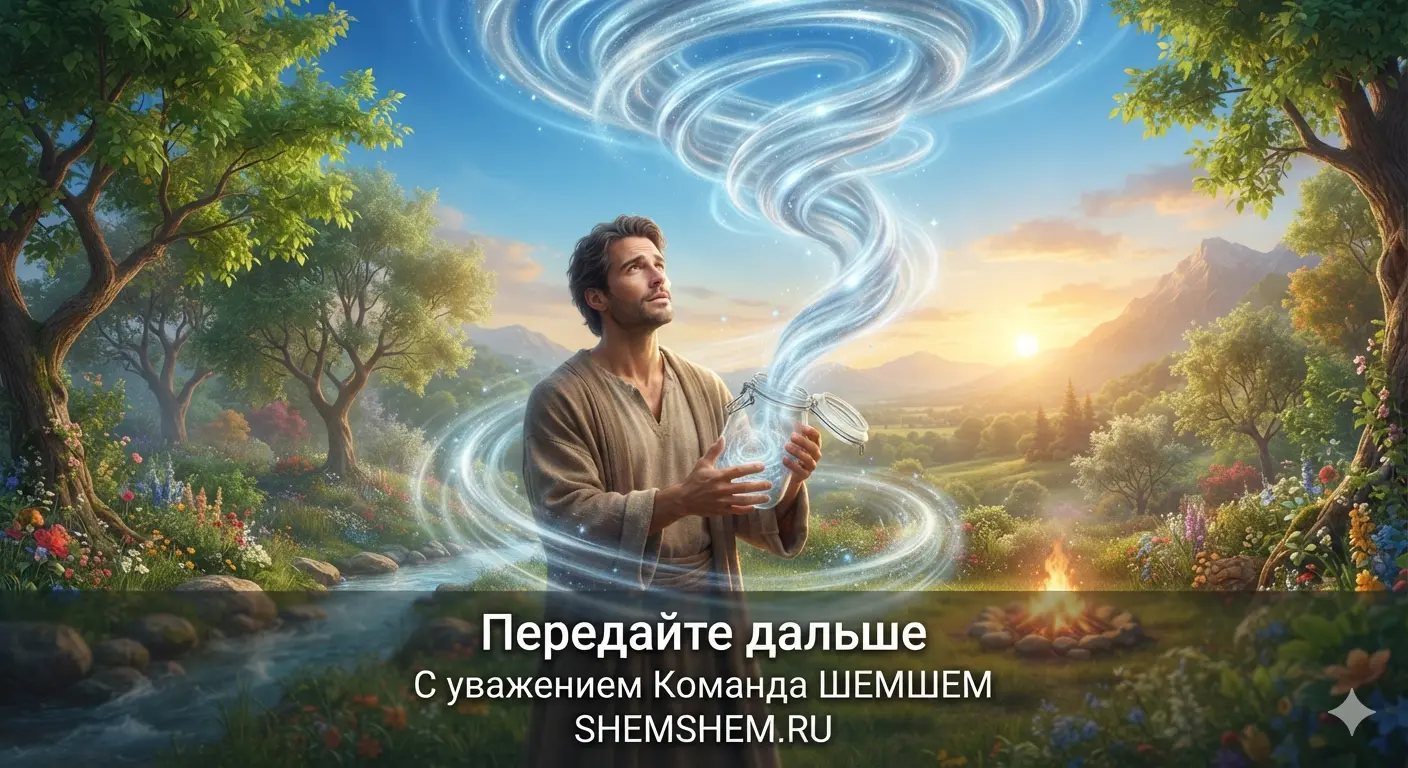 Человек открывает стеклянную банку с вакуумом, в которую мгновенно устремляются светящиеся потоки Воздуха, возвращая баланс и жизнь увядающей природе