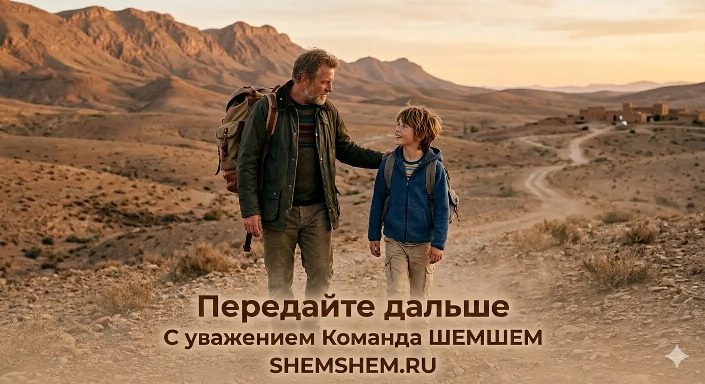 Концептуальный рисунок отца и сына-подростка, идущих вместе с рюкзаками по дороге среди холмов, символизирующий совместный путь к пониманию и примирению