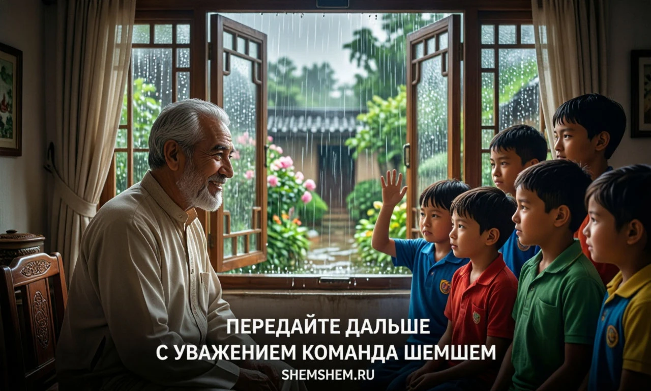 Мудрый учитель ведет беседу с учениками в классе, пока за большим окном идет сильный летний дождь, питающий зеленый сад