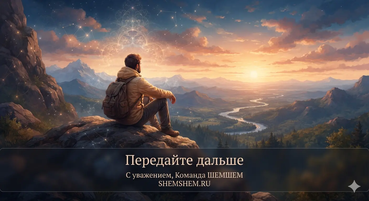 Вдохновляющий горизонтальный пейзаж, символизирующий изобилие Вселенной. На вершине скалистой горы сидит молодой мужчина-путешественник с рюкзаком и созерцает бескрайнюю долину. Внизу извивается река, окруженная холмами и лесами, уходящими к далеким горным хребтам. Над горизонтом разливается теплый золотистый закат. Небо украшено мягкими облаками и полупрозрачными светящимися линиями, напоминающими геометрические фракталы и созвездия
