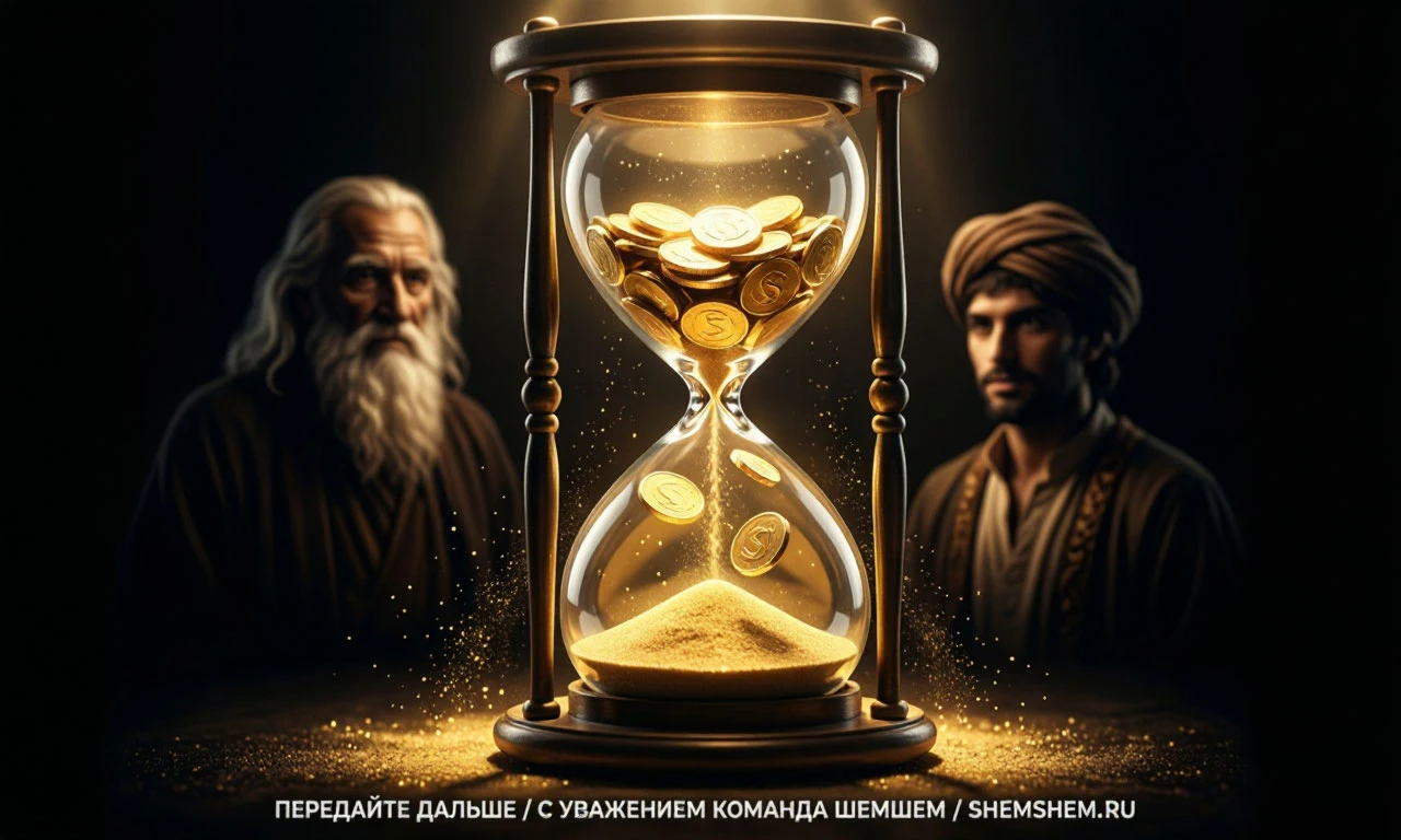 Старинные песочные часы, наполненные золотыми монетами вместо песка, символизируют утекающее время
