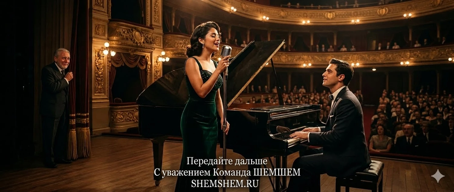 Вдохновенное выступление молодой певицы и пианиста на залитой светом театральной сцене 1950-х годов, за которыми из кулис со слезами на глазах наблюдает пожилой мужчина