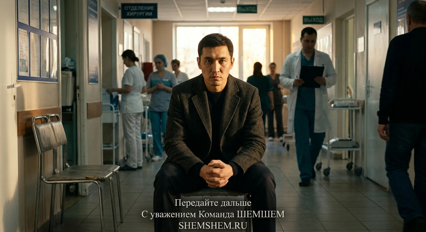 Серьезный мужчина в пальто сидит в больничном коридоре в луче солнечного света