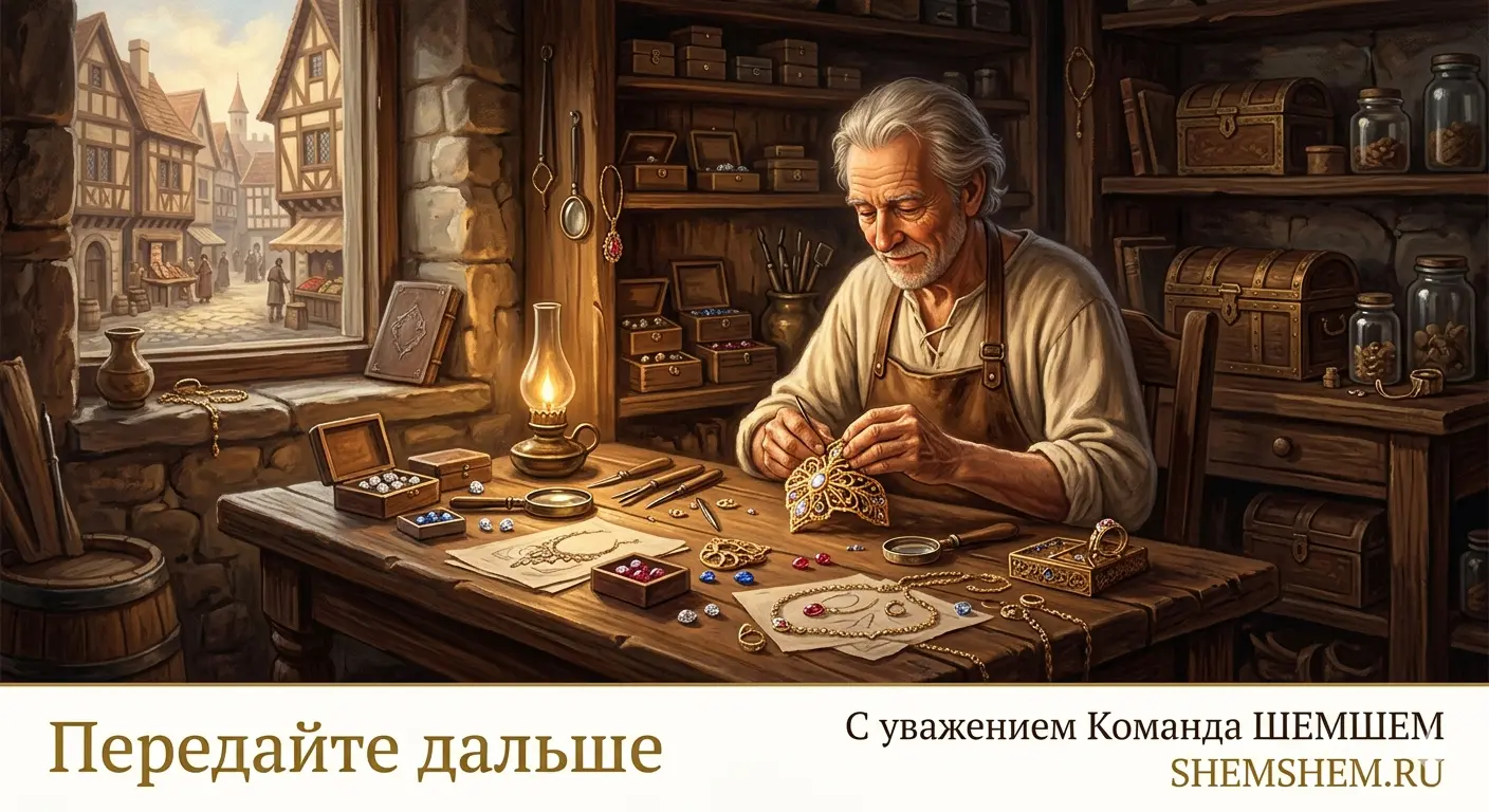 Атмосферная художественная иллюстрация ювелирной мастерской в средневековом стиле. Пожилой седовласый мастер в простой светлой рубахе и кожаном фартуке сидит за массивным деревянным столом и сосредоточенно работает над изящным золотым украшением