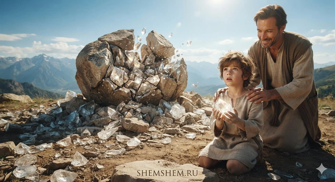 Маленький мальчик на фоне гор восхищенно держит сияющий кристальный осколок от расколотого валуна, пока его отец с улыбкой смотрит на него