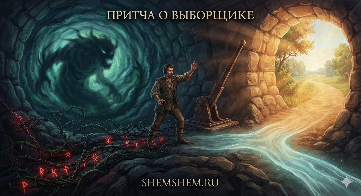 Мужчина на развилке дорог перед темным духом обстоятельств и рычагом выбора