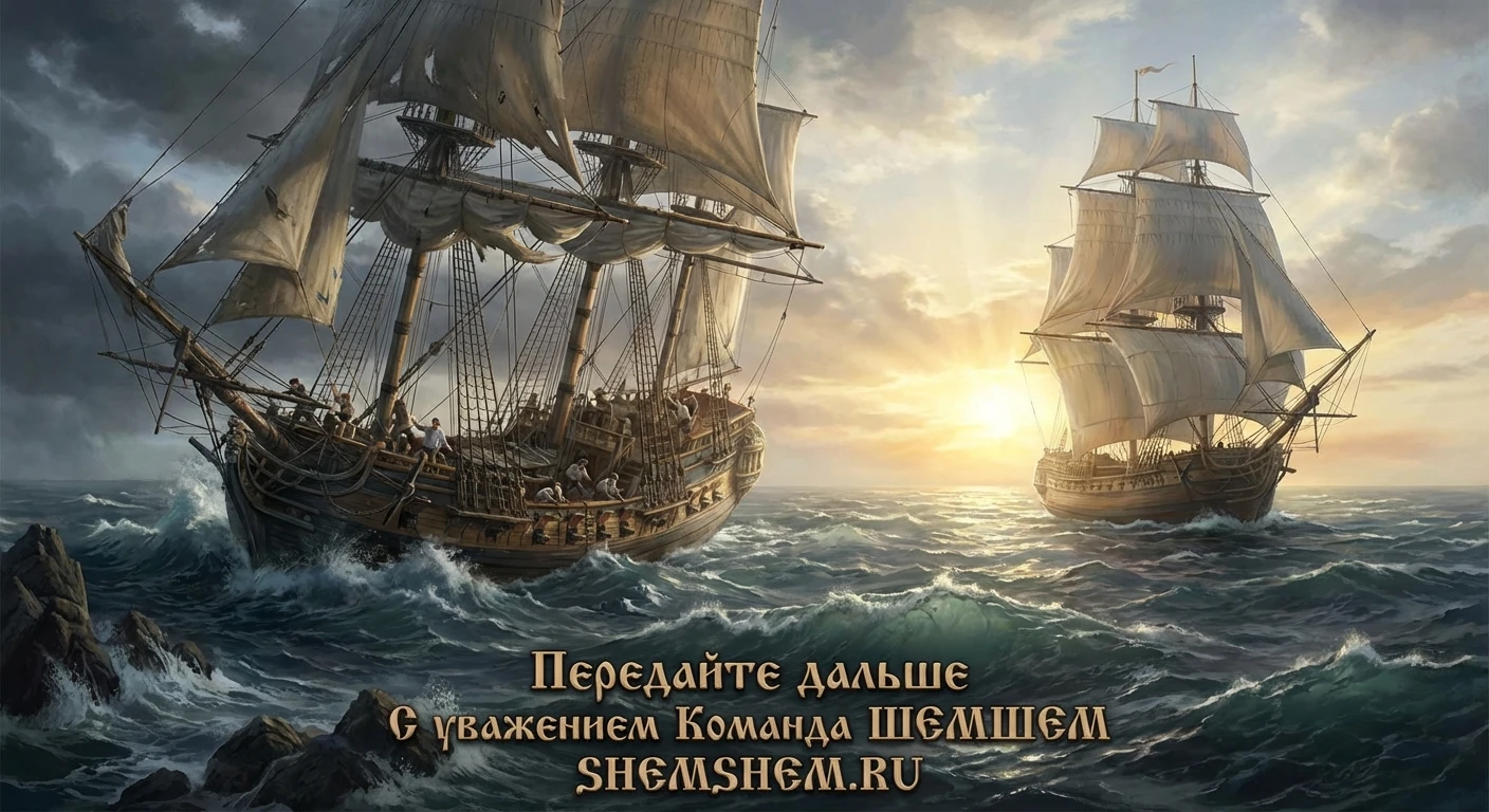 Два корабля в море: один разбивается о скалы, другой уходит в светлый горизонт